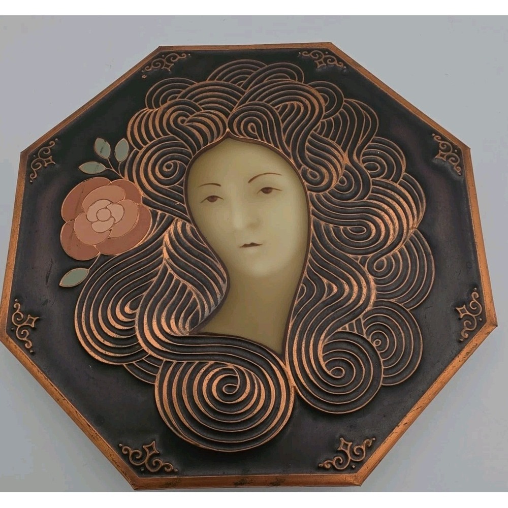 Vintage Donald J Handel Cloisonnesque Copper Metal Art Woman with Rose Plaque